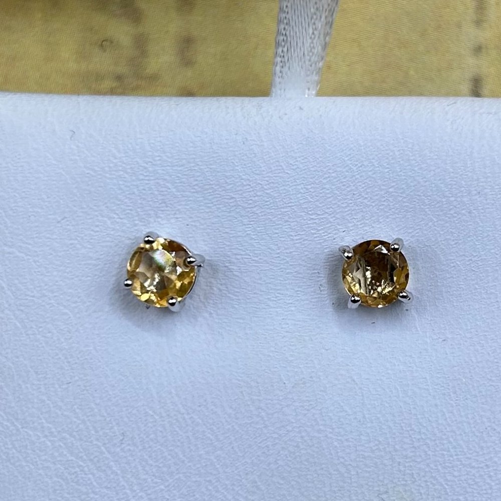 Yellow Citrine Round Stud Earrings in Sterling Prong Setting